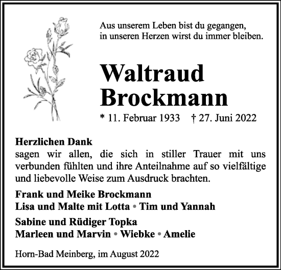 Anzeige  Waltraud Brockmann  Lippische Landes-Zeitung