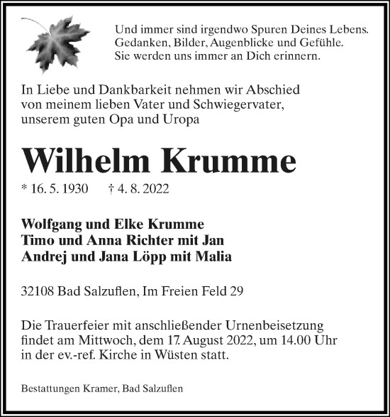 Anzeige  Wilhelm Krumme  Lippische Landes-Zeitung