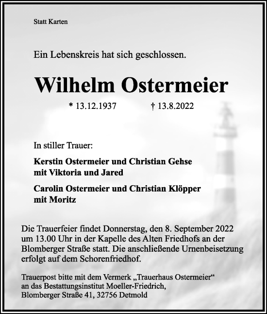 Anzeige  Wilhelm Ostermeier  Lippische Landes-Zeitung