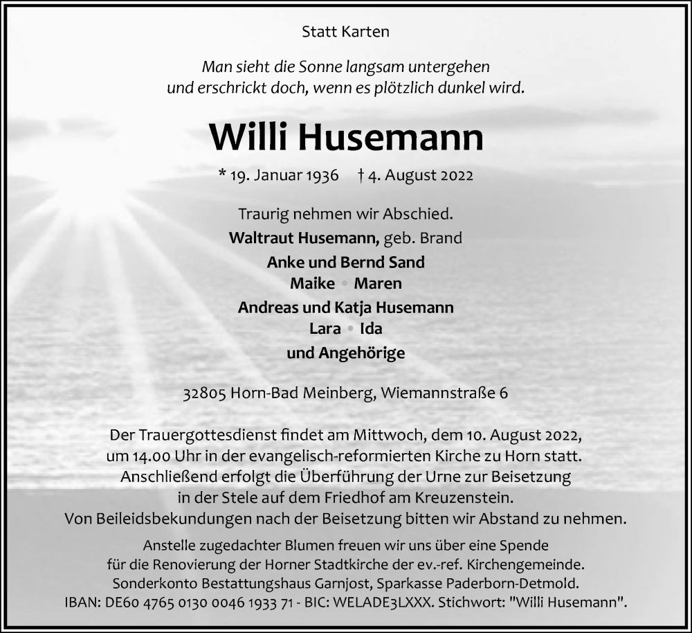  Traueranzeige für Willi Husemann vom 06.08.2022 aus Lippische Landes-Zeitung