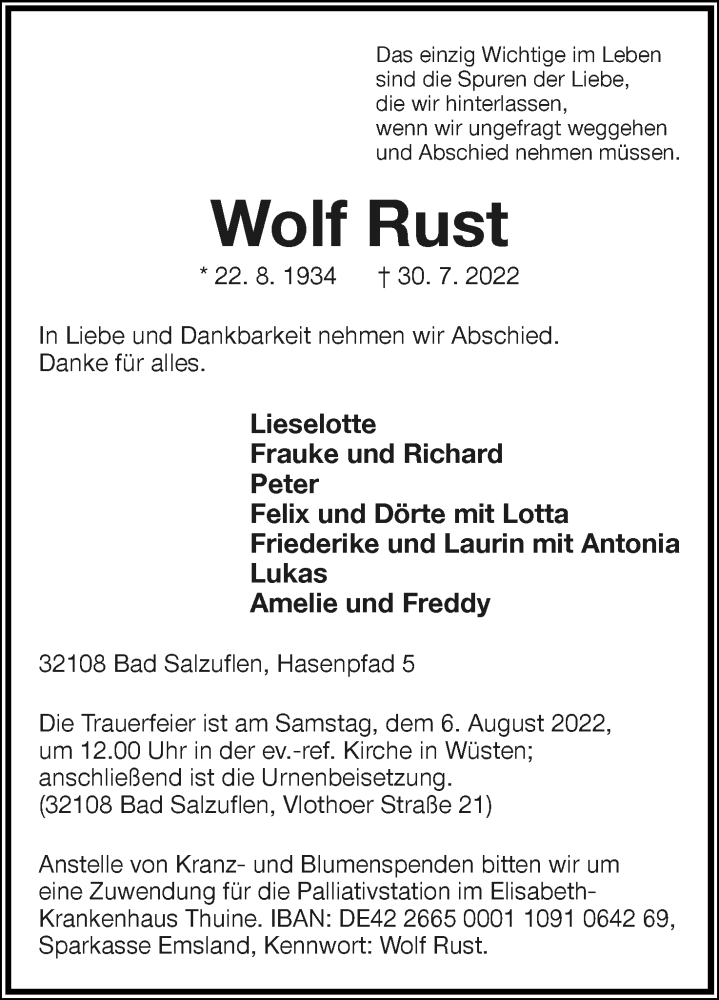  Traueranzeige für Wolf Rust vom 03.08.2022 aus Lippische Landes-Zeitung