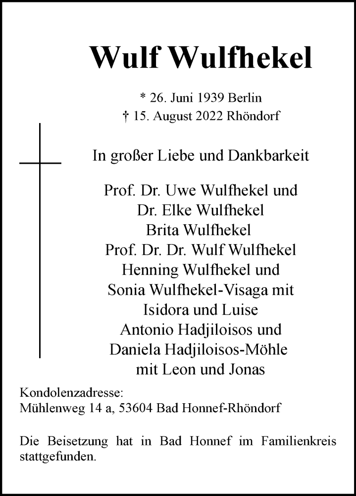  Traueranzeige für Wulf Wulfhekel vom 24.08.2022 aus Lippische Landes-Zeitung