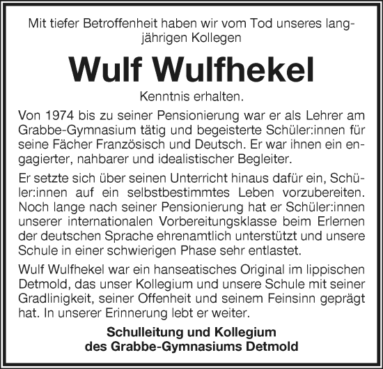 Anzeige  Wulf Wulfhekel  Lippische Landes-Zeitung