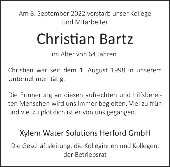 Anzeige  Christian Bartz  Lippische Landes-Zeitung