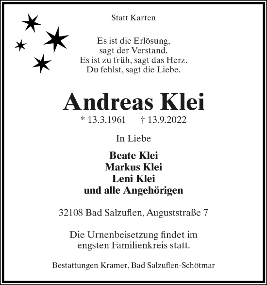 Anzeige  Andreas Klei  Lippische Landes-Zeitung