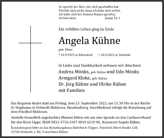 Anzeige  Angela Kühne  Lippische Landes-Zeitung