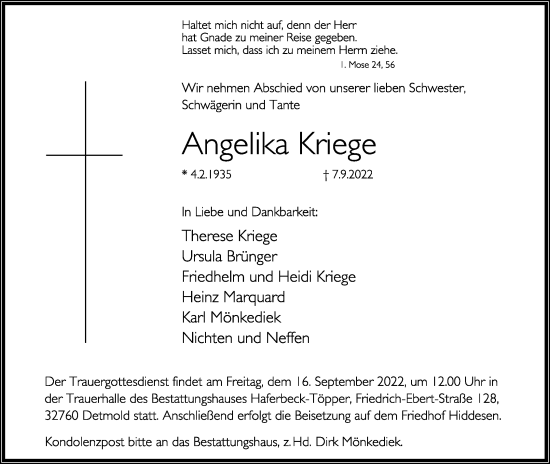 Anzeige  Angelika Kriege  Lippische Landes-Zeitung