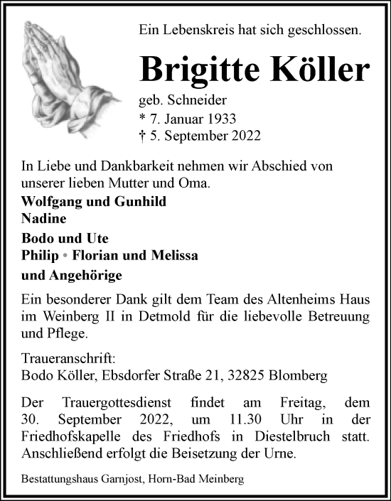 Anzeige  Brigitte Köller  Lippische Landes-Zeitung