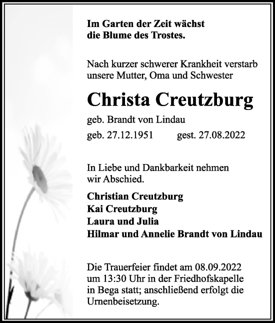 Anzeige  Christa Creutzburg  Lippische Landes-Zeitung
