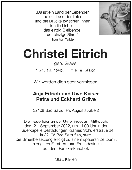 Anzeige  Christel Eitrich  Lippische Landes-Zeitung