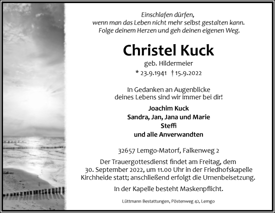 Anzeige  Christel Kuck  Lippische Landes-Zeitung
