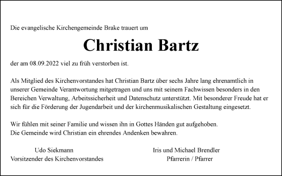 Anzeige  Christian Bartz  Lippische Landes-Zeitung