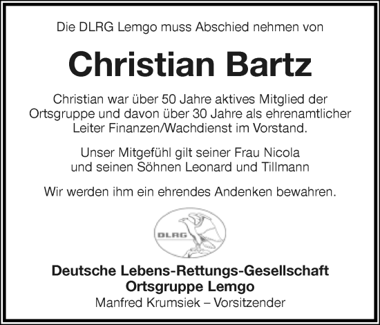 Anzeige  Christian Bartz  Lippische Landes-Zeitung