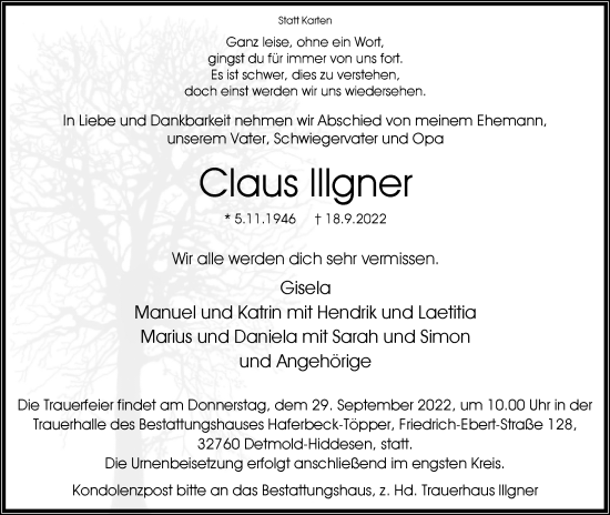 Anzeige  Claus Illgner  Lippische Landes-Zeitung