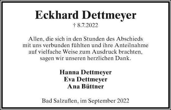 Anzeige  Eckhard Dettmeyer  Lippische Landes-Zeitung