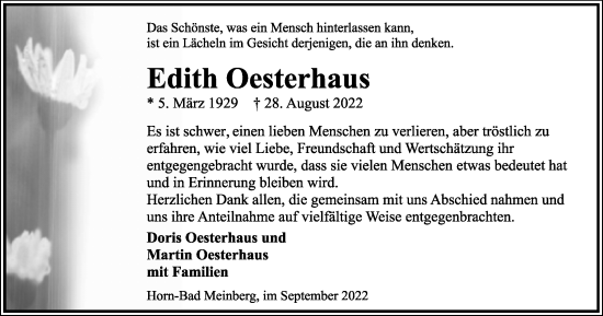 Anzeige  Edith Oesterhaus  Lippische Landes-Zeitung