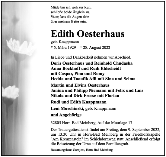 Anzeige  Edith Oesterhaus  Lippische Landes-Zeitung