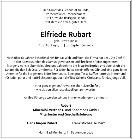 Anzeige  Elfriede Rubart  Lippische Landes-Zeitung