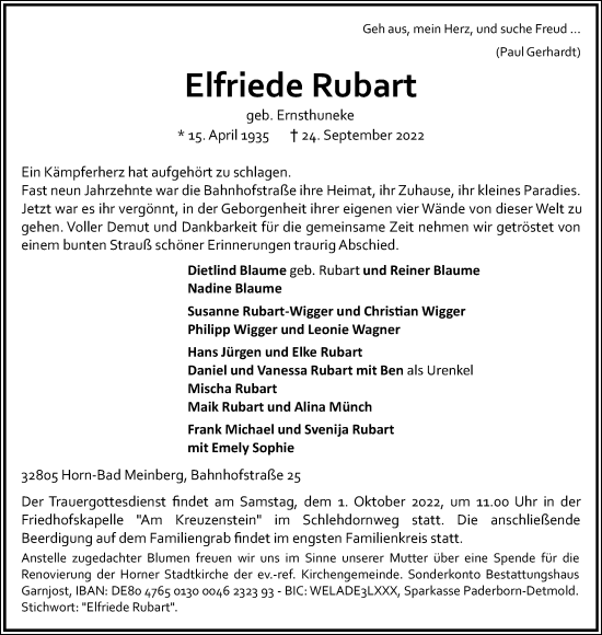 Anzeige  Elfriede Rubart  Lippische Landes-Zeitung