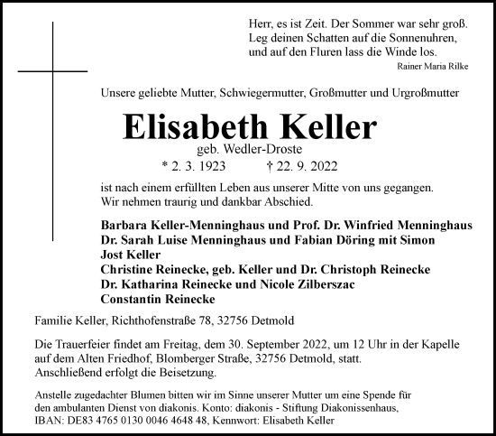 Anzeige  Elisabeth Keller  Lippische Landes-Zeitung