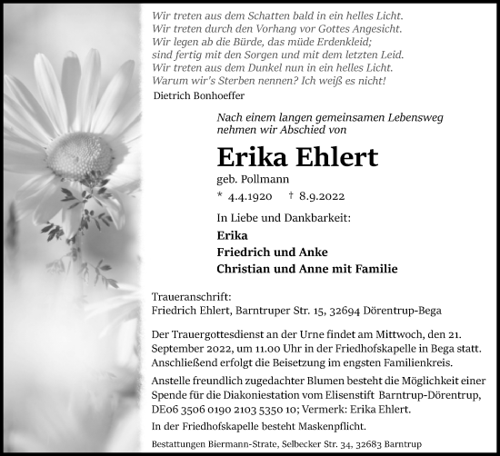 Anzeige  Erika Ehlert  Lippische Landes-Zeitung