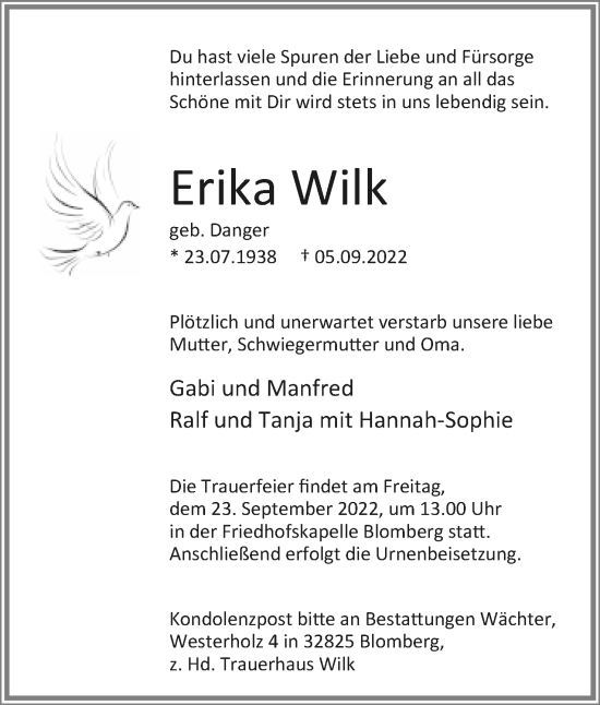 Anzeige  Erika Wilk  Lippische Landes-Zeitung