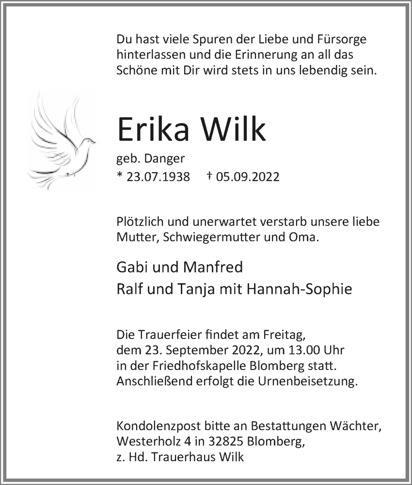 Traueranzeige für Erika Wilk vom 10.09.2022 aus Lippische Landes-Zeitung