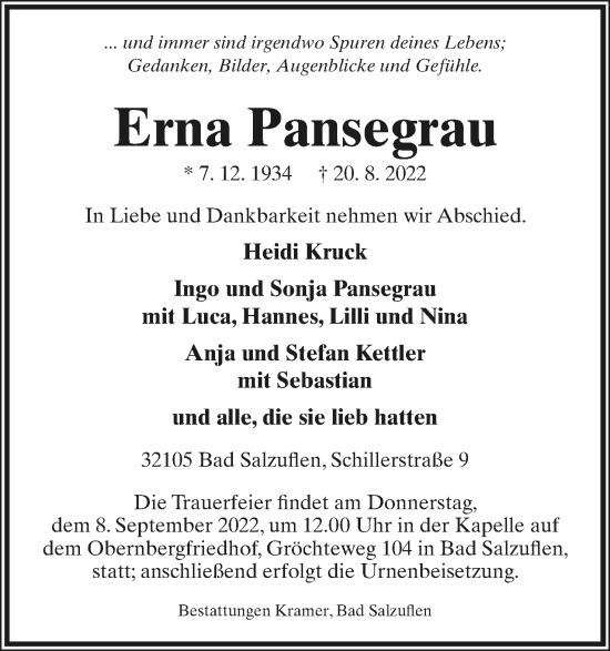Anzeige  Erna Pansegrau  Lippische Landes-Zeitung