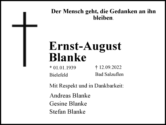 Anzeige  Ernst-August Blanke  Lippische Landes-Zeitung