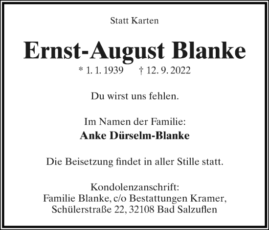 Anzeige  Ernst-August Blanke  Lippische Landes-Zeitung