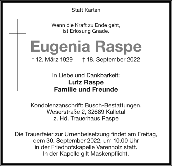 Anzeige  Eugenia Raspe  Lippische Landes-Zeitung