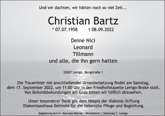 Anzeige  Christian Bartz  Lippische Landes-Zeitung
