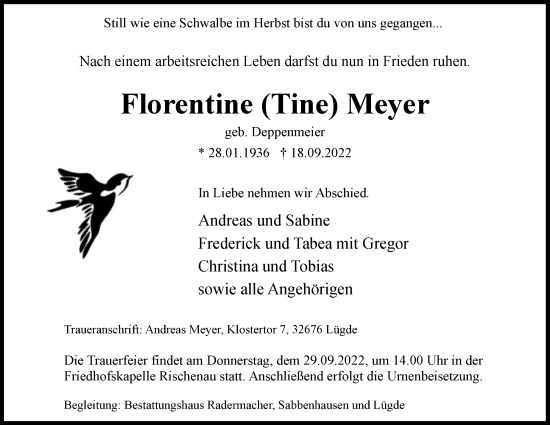Anzeige  Florentine Meyer  Lippische Landes-Zeitung