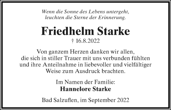 Anzeige  Friedhelm Starke  Lippische Landes-Zeitung