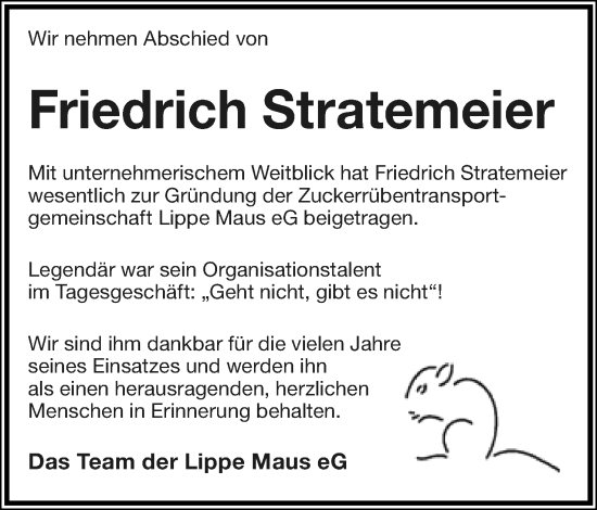 Anzeige  Friedrich Stratemeier  Lippische Landes-Zeitung