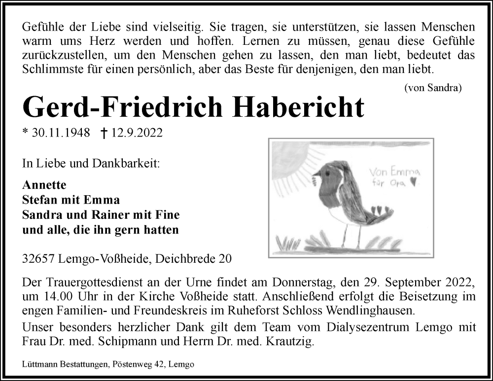  Traueranzeige für Gerd-Friedrich Habericht vom 24.09.2022 aus Lippische Landes-Zeitung
