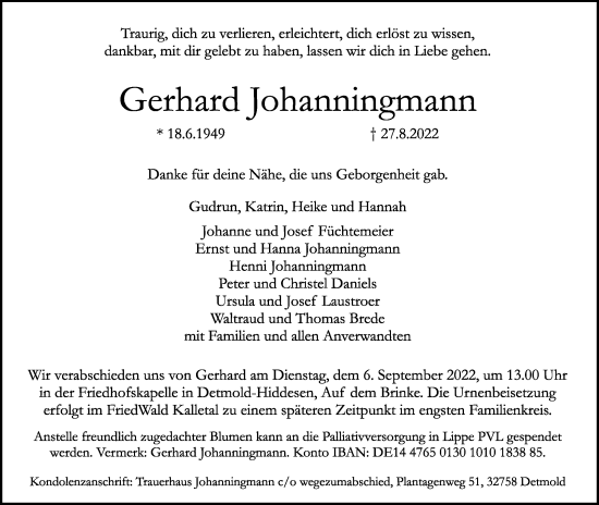 Anzeige  Gerhard Johanningmann  Lippische Landes-Zeitung