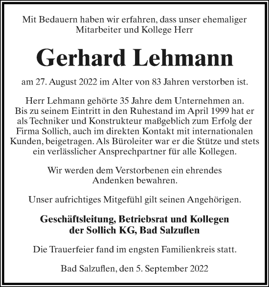 Anzeige  Gerhard Lehmann  Lippische Landes-Zeitung