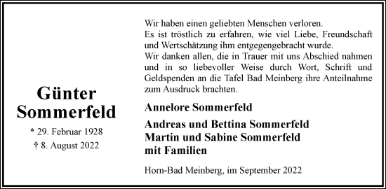 Anzeige  Günter Sommerfeld  Lippische Landes-Zeitung