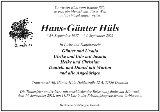 Anzeige  Hans-Günter Hüls  Lippische Landes-Zeitung