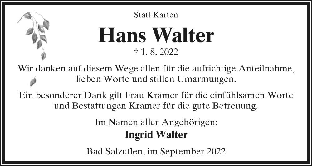  Traueranzeige für Hans Walter vom 03.09.2022 aus Lippische Landes-Zeitung