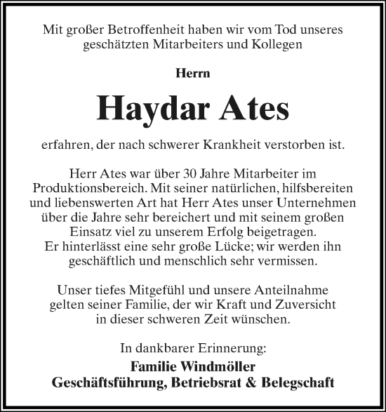 Anzeige  Haydar Ates  Lippische Landes-Zeitung