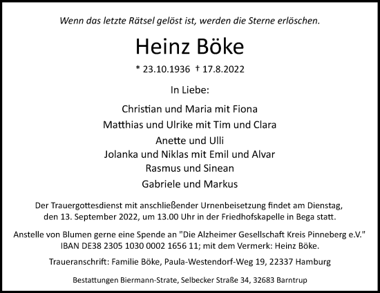 Anzeige  Heinz Böke  Lippische Landes-Zeitung