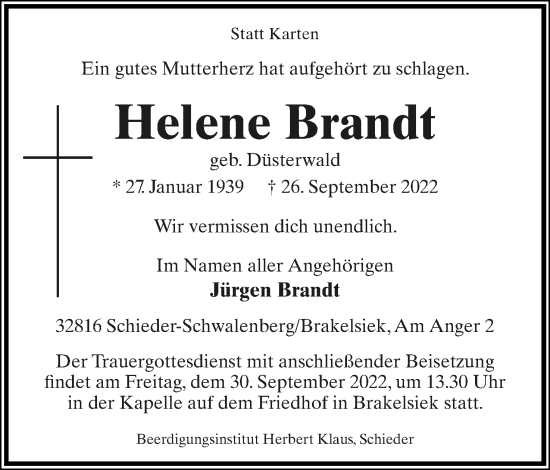Anzeige  Helene Brandt  Lippische Landes-Zeitung