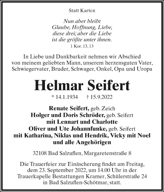 Anzeige  Helmar Seifert  Lippische Landes-Zeitung