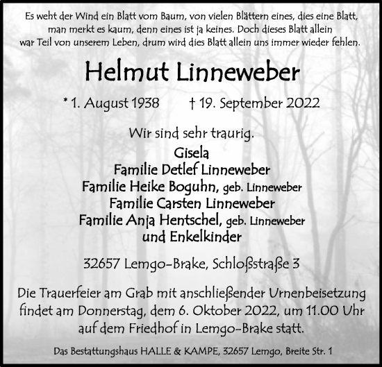 Anzeige  Helmut Linneweber  Lippische Landes-Zeitung