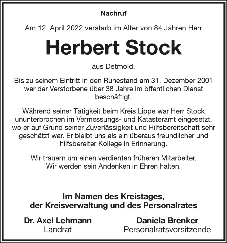  Traueranzeige für Herbert Stock vom 30.09.2022 aus Lippische Landes-Zeitung