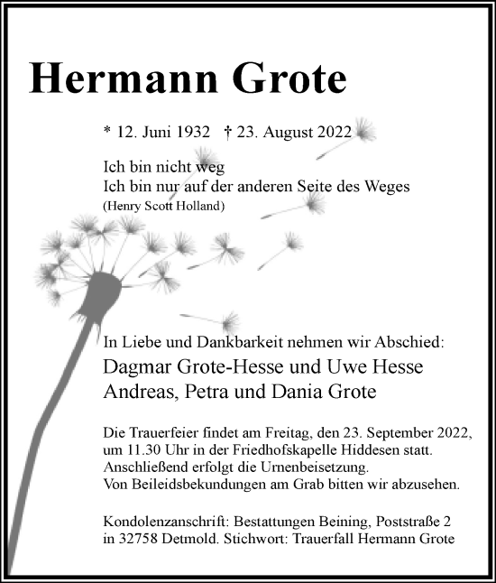 Anzeige  Hermann Grote  Lippische Landes-Zeitung