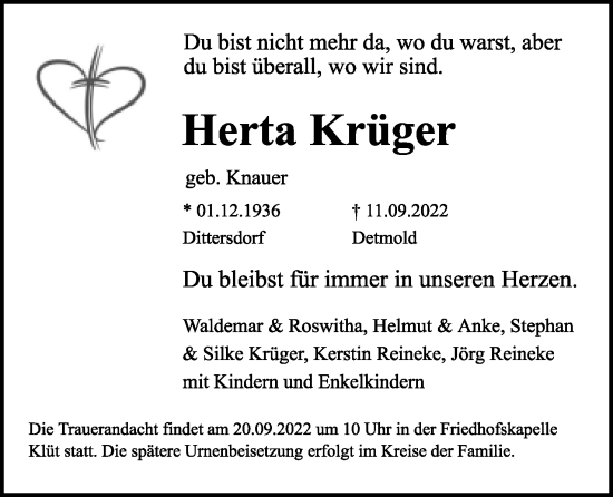 Anzeige  Herta Krüger  Lippische Landes-Zeitung