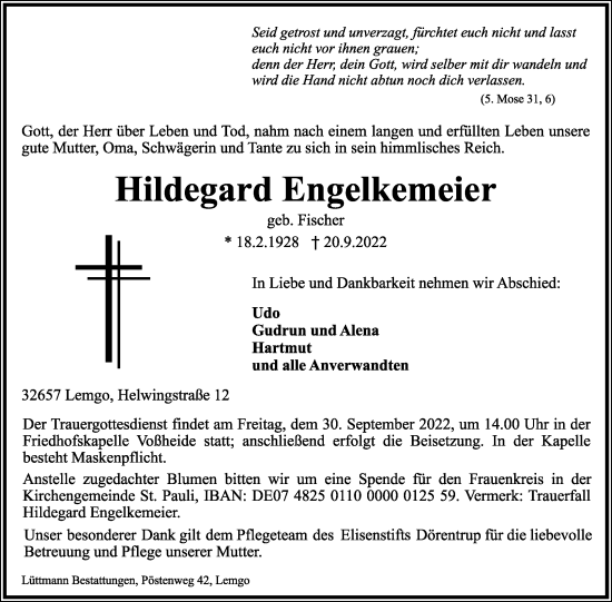 Anzeige  Hildegard Engelkemeier  Lippische Landes-Zeitung